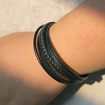 Oriental Buddha Natural Lava Rock Black Onyx Bead Leather Bracelet