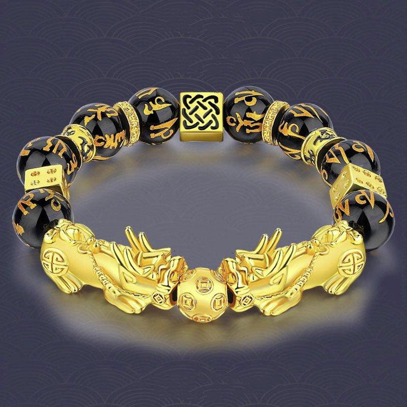Oriental Buddha FengShui Double PiXiu Obsidian Om Mani Padme Hum Wealth Bracelet