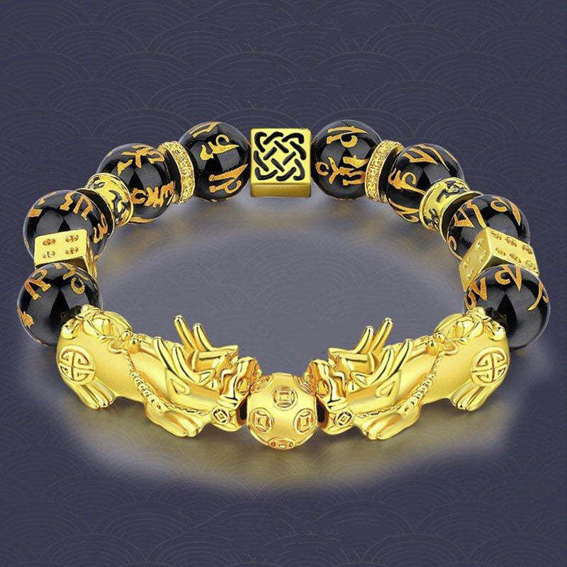 Oriental Buddha FengShui Double PiXiu Obsidian Om Mani Padme Hum Wealth Bracelet