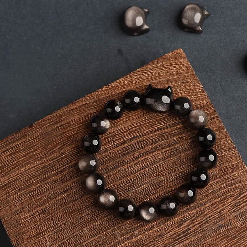 Oriental Buddha Gold Sheen Obsidian Silver Sheen Obsidian Lovely Paw Lucky Cat Protection Bracelet
