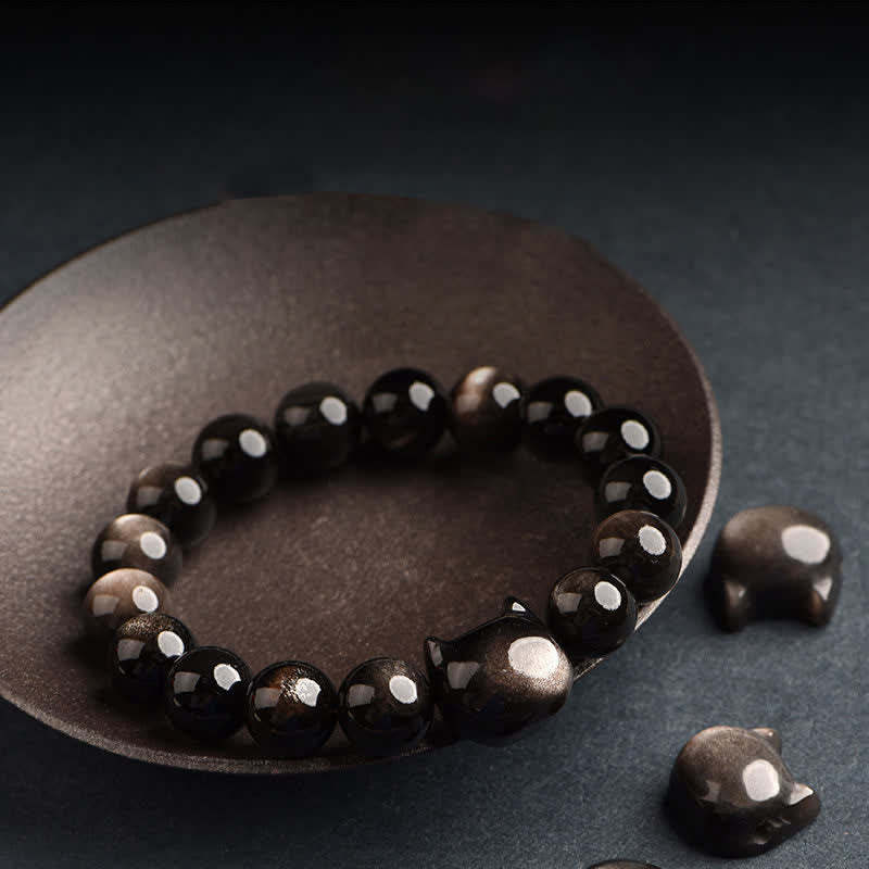 Oriental Buddha Gold Sheen Obsidian Silver Sheen Obsidian Lovely Paw Lucky Cat Protection Bracelet
