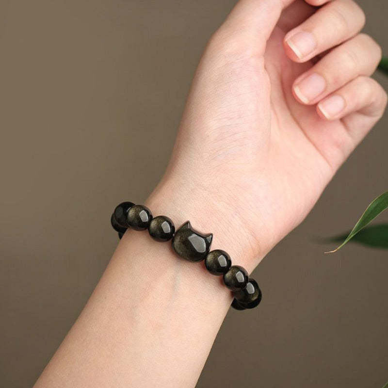 Oriental Buddha Gold Sheen Obsidian Silver Sheen Obsidian Lovely Paw Lucky Cat Protection Bracelet