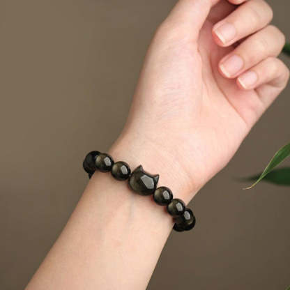 Oriental Buddha Gold Sheen Obsidian Silver Sheen Obsidian Lovely Paw Lucky Cat Protection Bracelet