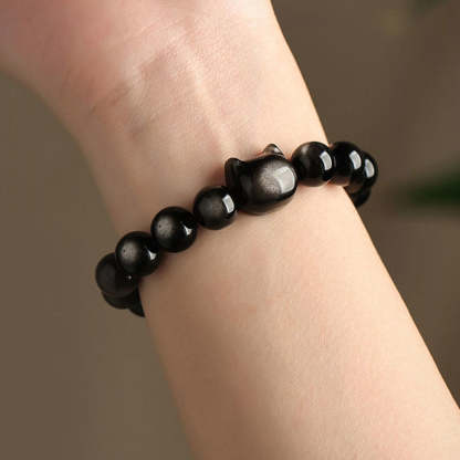 Oriental Buddha Gold Sheen Obsidian Silver Sheen Obsidian Lovely Paw Lucky Cat Protection Bracelet