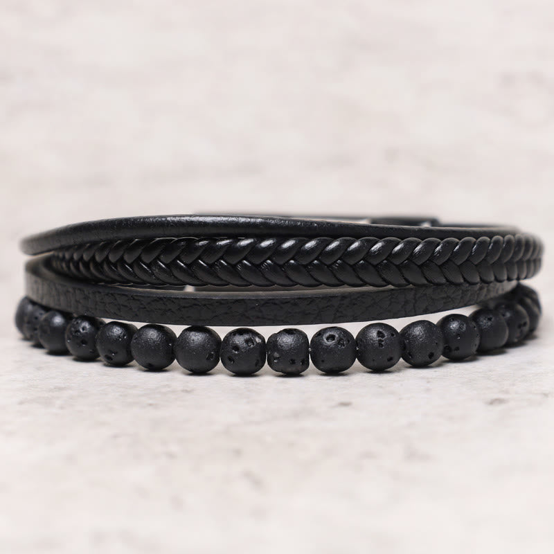 Oriental Buddha Natural Lava Rock Black Onyx Bead Leather Bracelet