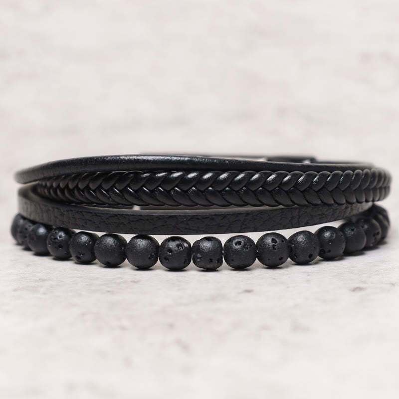 Oriental Buddha Natural Lava Rock Black Onyx Bead Leather Bracelet