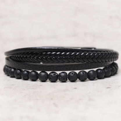 Oriental Buddha Natural Lava Rock Black Onyx Bead Leather Bracelet