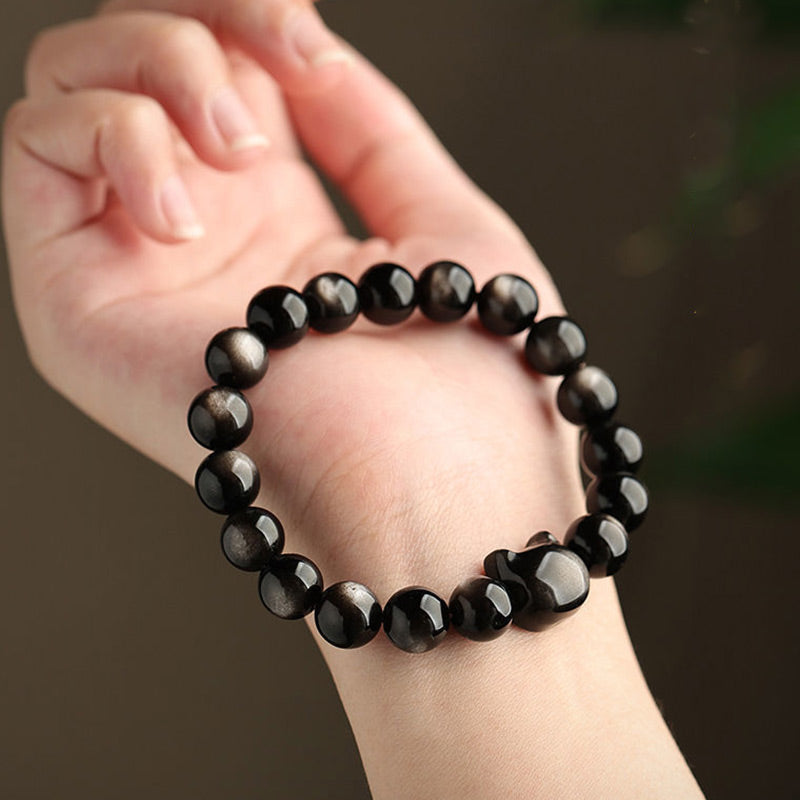 Oriental Buddha Gold Sheen Obsidian Silver Sheen Obsidian Lovely Paw Lucky Cat Protection Bracelet