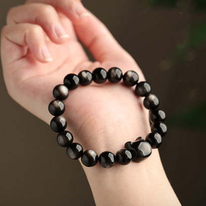 Oriental Buddha Gold Sheen Obsidian Silver Sheen Obsidian Lovely Paw Lucky Cat Protection Bracelet