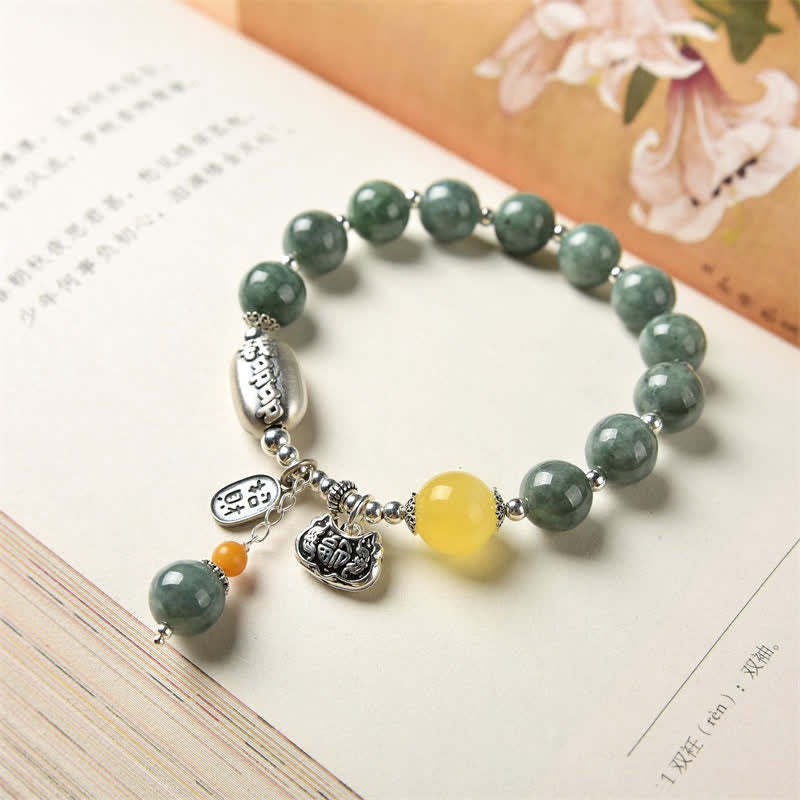 Oriental Buddha 925 Sterling Silver Cyan Jade Amber Success Bracelet