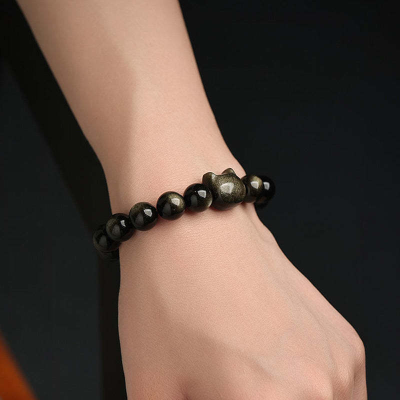 Oriental Buddha Gold Sheen Obsidian Silver Sheen Obsidian Lovely Paw Lucky Cat Protection Bracelet