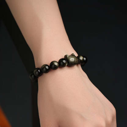 Oriental Buddha Gold Sheen Obsidian Silver Sheen Obsidian Lovely Paw Lucky Cat Protection Bracelet