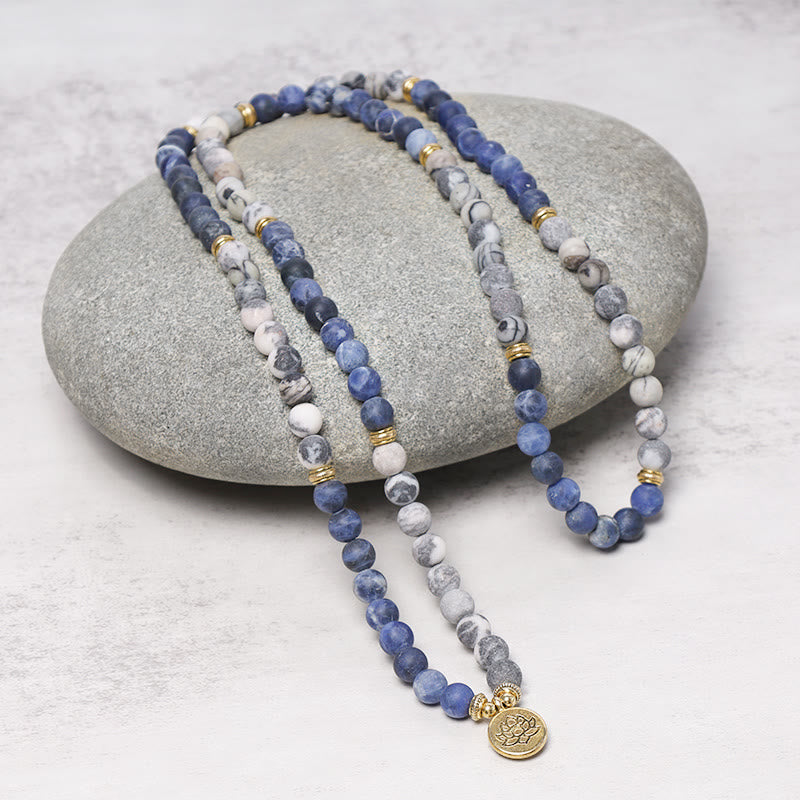 Oriental Buddha 108 Natural Picasso Jasper & Blue Stone Mala Bead Lotus Pendant Bracelet