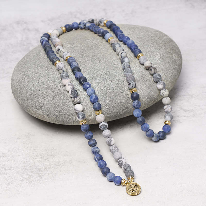 Oriental Buddha 108 Natural Picasso Jasper & Blue Stone Mala Bead Lotus Pendant Bracelet