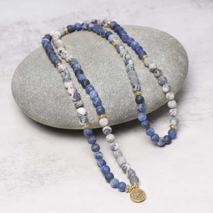 Oriental Buddha 108 Natural Picasso Jasper & Blue Stone Mala Bead Lotus Pendant Bracelet
