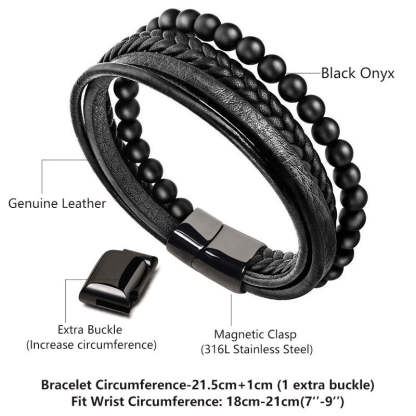Oriental Buddha Natural Lava Rock Black Onyx Bead Leather Bracelet