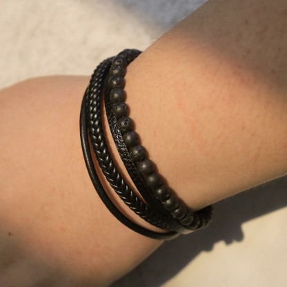 Oriental Buddha Natural Lava Rock Black Onyx Bead Leather Bracelet
