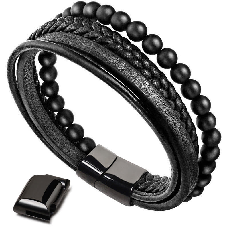 Oriental Buddha Natural Lava Rock Black Onyx Bead Leather Bracelet