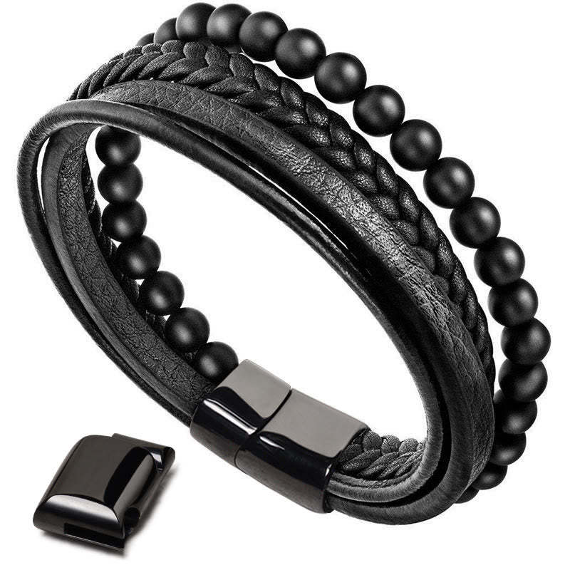 Oriental Buddha Natural Lava Rock Black Onyx Bead Leather Bracelet