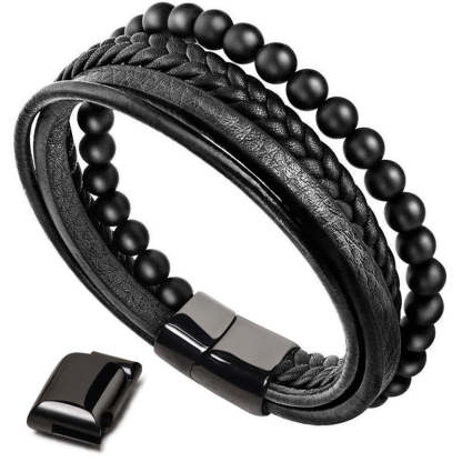 Oriental Buddha Natural Lava Rock Black Onyx Bead Leather Bracelet