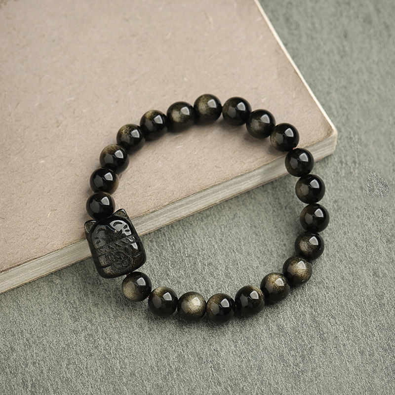 Oriental Buddha Gold Sheen Obsidian Silver Sheen Obsidian Lovely Paw Lucky Cat Protection Bracelet