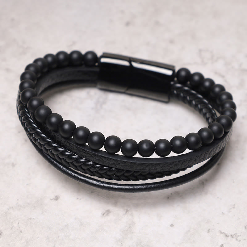 Oriental Buddha Natural Lava Rock Black Onyx Bead Leather Bracelet