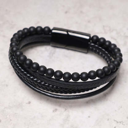 Oriental Buddha Natural Lava Rock Black Onyx Bead Leather Bracelet