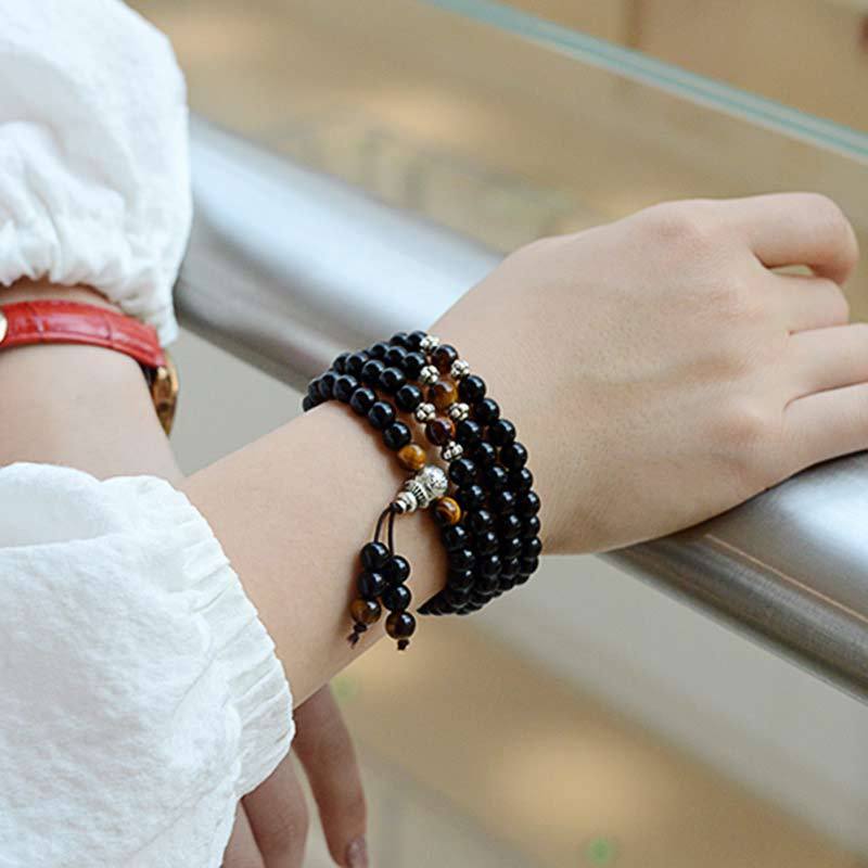 Oriental Buddha Black Obsidian Tiger Eye Blessing Mala Bracelet