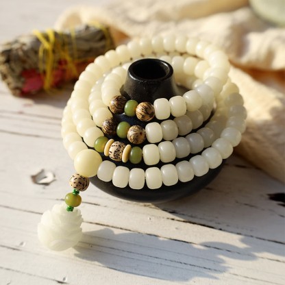 Oriental Buddha White Jade Bodhi Lotus Mala Harmony Necklace Bracelet