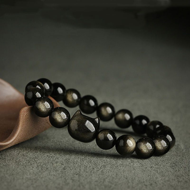 Oriental Buddha Gold Sheen Obsidian Silver Sheen Obsidian Lovely Paw Lucky Cat Protection Bracelet