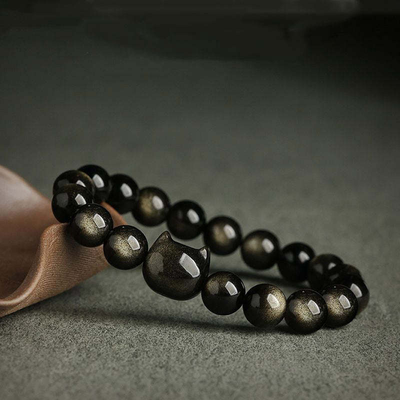 Oriental Buddha Gold Sheen Obsidian Silver Sheen Obsidian Lovely Paw Lucky Cat Protection Bracelet