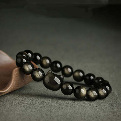 Oriental Buddha Gold Sheen Obsidian Silver Sheen Obsidian Lovely Paw Lucky Cat Protection Bracelet
