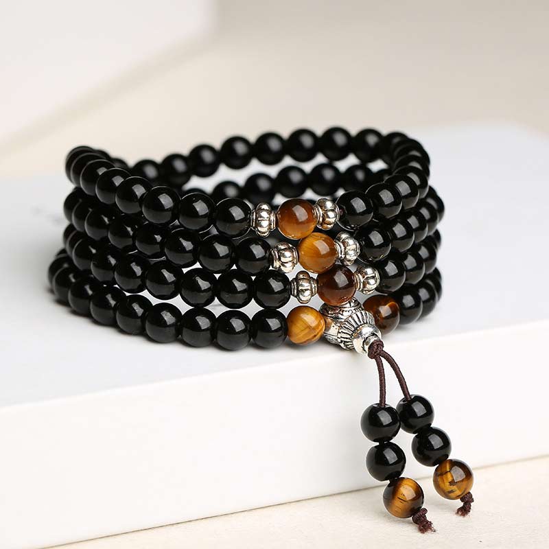 Oriental Buddha Black Obsidian Tiger Eye Blessing Mala Bracelet