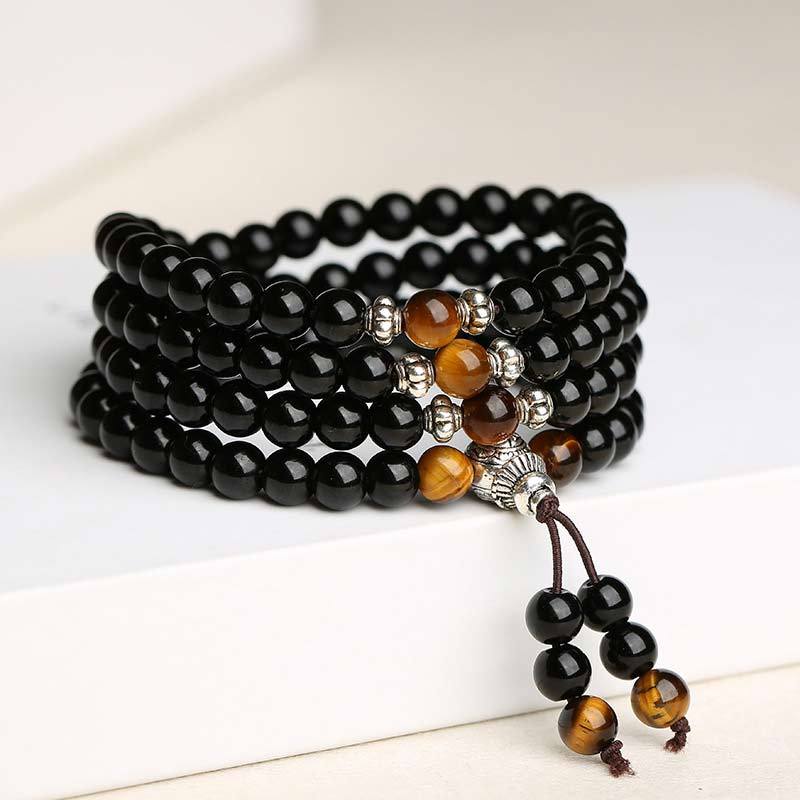 Oriental Buddha Black Obsidian Tiger Eye Blessing Mala Bracelet