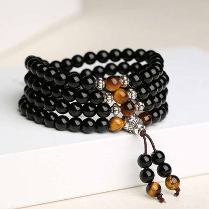 Oriental Buddha Black Obsidian Tiger Eye Blessing Mala Bracelet