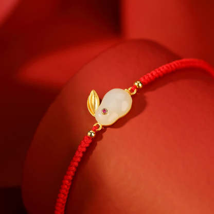 Oriental Buddha 925 Sterling Silver Year of the Rabbit Hetian White Jade Luck Red String Protection Bracelet