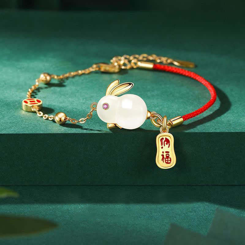 Oriental Buddha Year of the Rabbit White Jade Happiness Red String Chain Bracelet