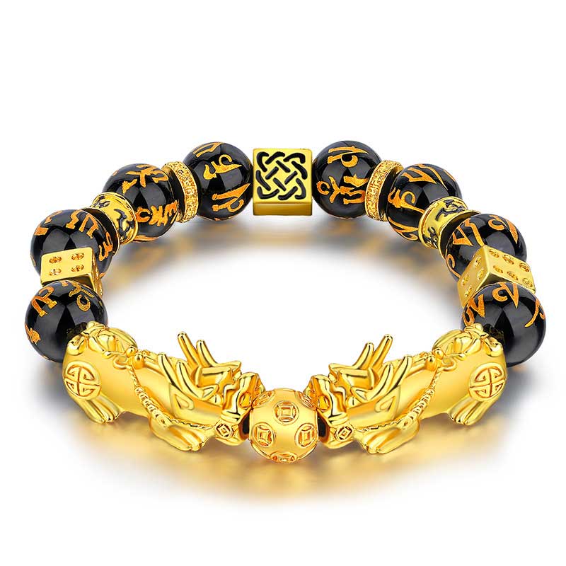 Oriental Buddha FengShui Double PiXiu Obsidian Om Mani Padme Hum Wealth Bracelet