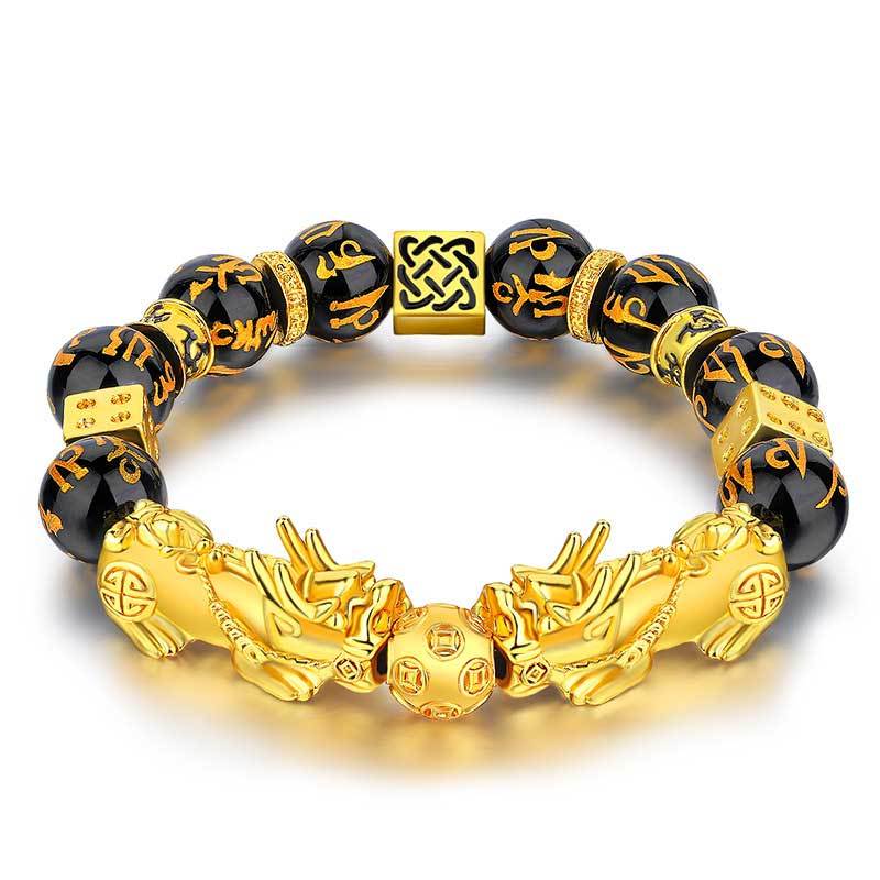 Oriental Buddha FengShui Double PiXiu Obsidian Om Mani Padme Hum Wealth Bracelet