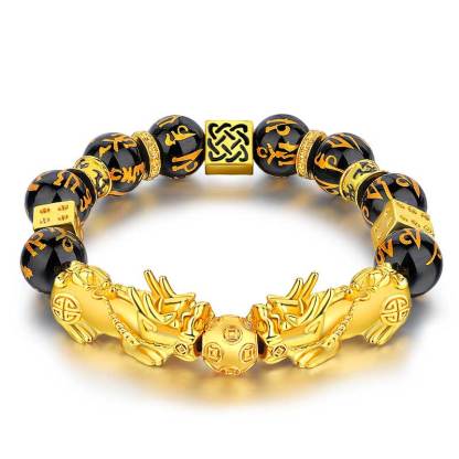 Oriental Buddha FengShui Double PiXiu Obsidian Om Mani Padme Hum Wealth Bracelet