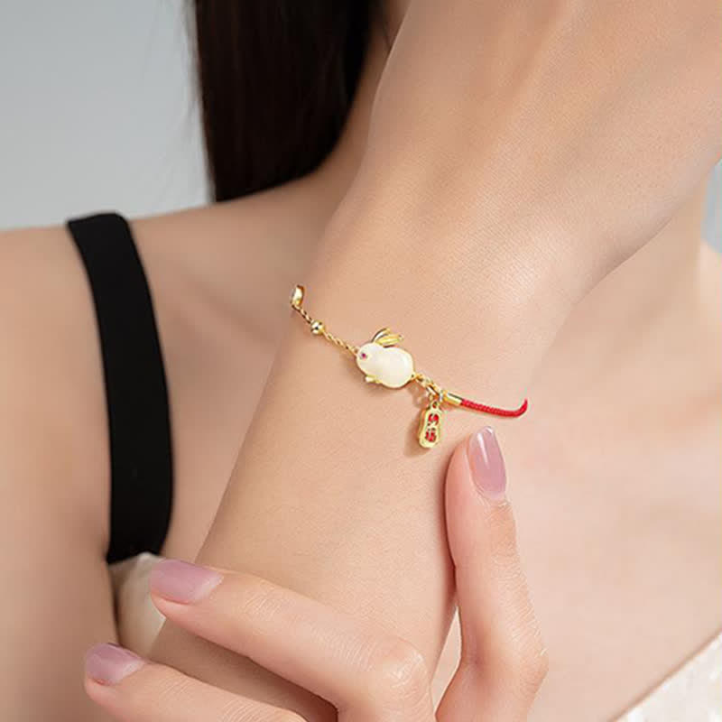 Oriental Buddha Year of the Rabbit White Jade Happiness Red String Chain Bracelet