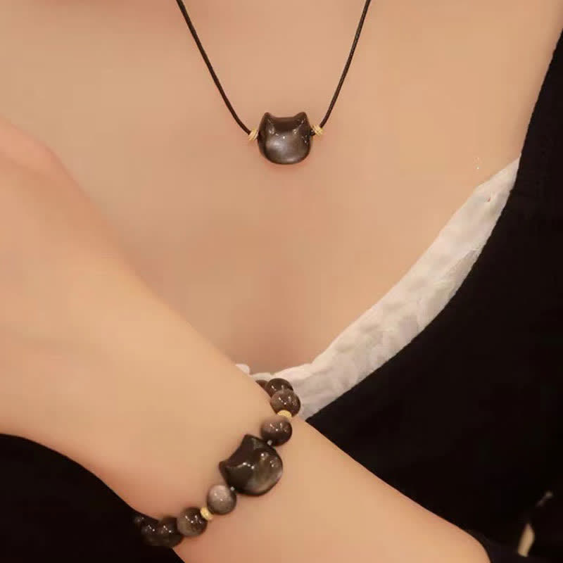 Oriental Buddha Gold Sheen Obsidian Silver Sheen Obsidian Lovely Paw Lucky Cat Protection Bracelet
