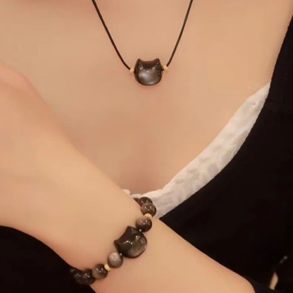 Oriental Buddha Gold Sheen Obsidian Silver Sheen Obsidian Lovely Paw Lucky Cat Protection Bracelet