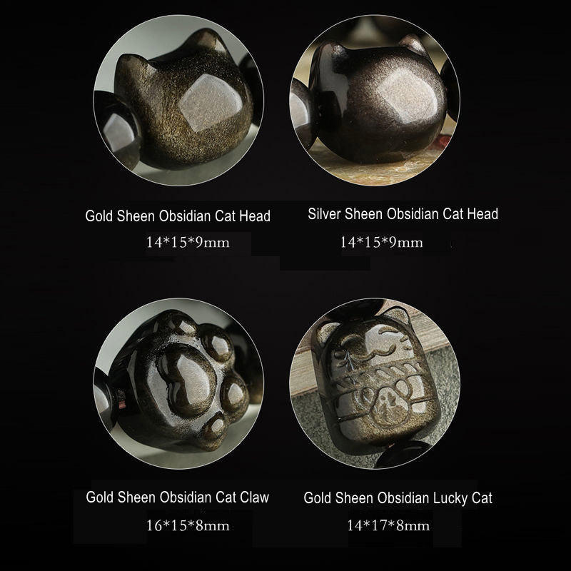 Oriental Buddha Gold Sheen Obsidian Silver Sheen Obsidian Lovely Paw Lucky Cat Protection Bracelet
