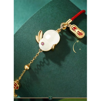 Oriental Buddha Year of the Rabbit White Jade Happiness Red String Chain Bracelet