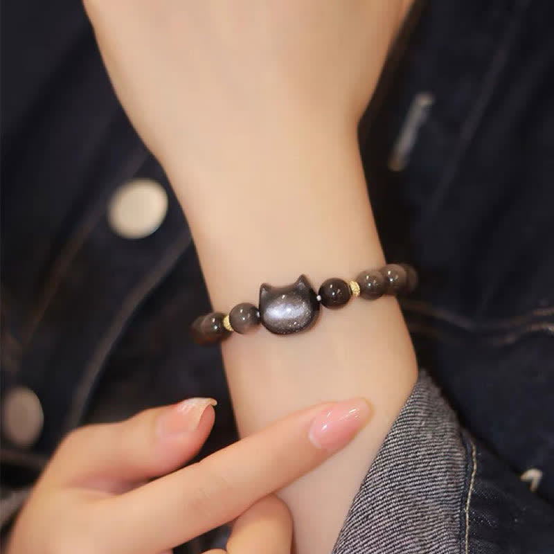Oriental Buddha Gold Sheen Obsidian Silver Sheen Obsidian Lovely Paw Lucky Cat Protection Bracelet