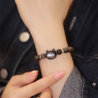 Oriental Buddha Gold Sheen Obsidian Silver Sheen Obsidian Lovely Paw Lucky Cat Protection Bracelet