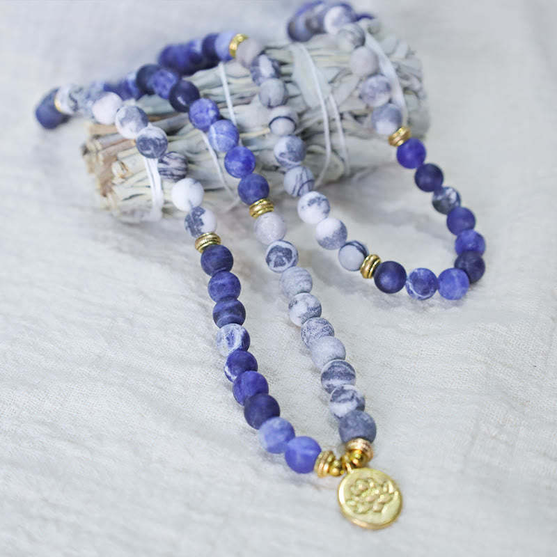 Oriental Buddha 108 Natural Picasso Jasper & Blue Stone Mala Bead Lotus Pendant Bracelet