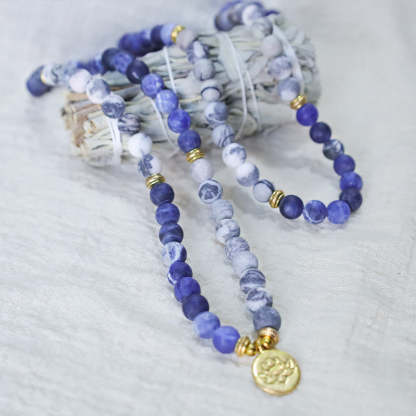 Oriental Buddha 108 Natural Picasso Jasper & Blue Stone Mala Bead Lotus Pendant Bracelet