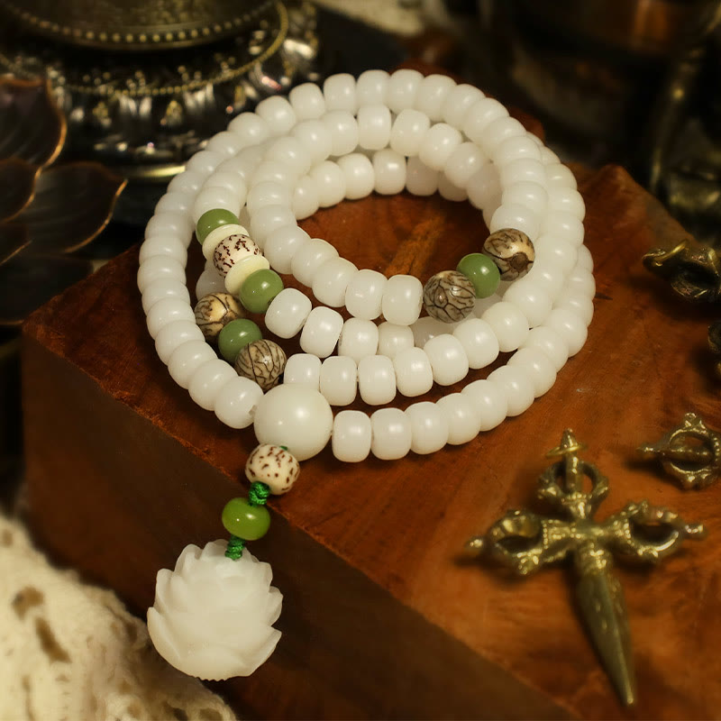 Oriental Buddha White Jade Bodhi Lotus Mala Harmony Necklace Bracelet